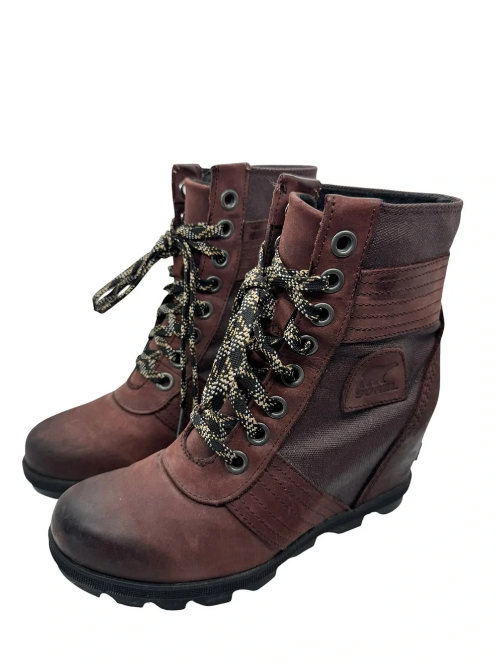 Sorel Women's Lexie Wedge Leather Boots NL3046-908 Cattail Brown Burgundy Sz 7.5